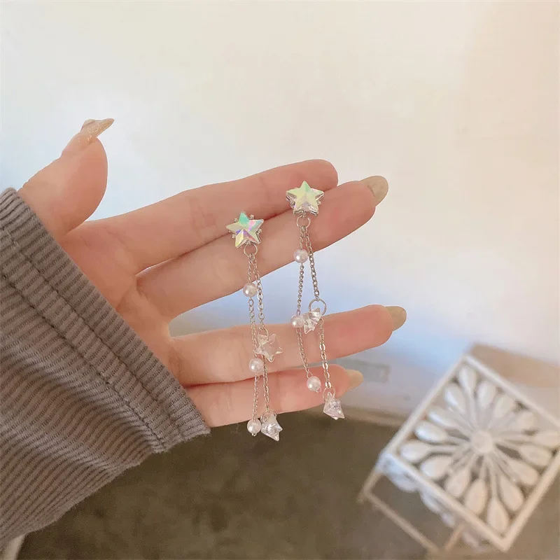 Korean Style Shinny Star Long Tassel Earrings Ear Clips Simple Cute Long Pearl Star Clip on Earrings for Women party No Piercing