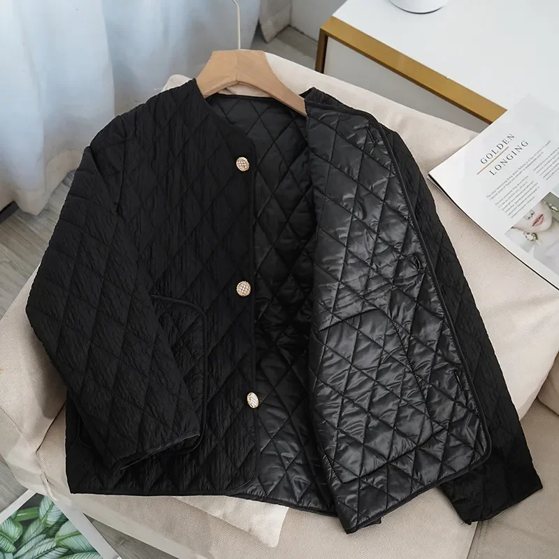 Autumn Winter Korean Button Parkas for Women 2024 Jacket Outerwear Vintage Quilted Coats Padded Casual Round neck Coat