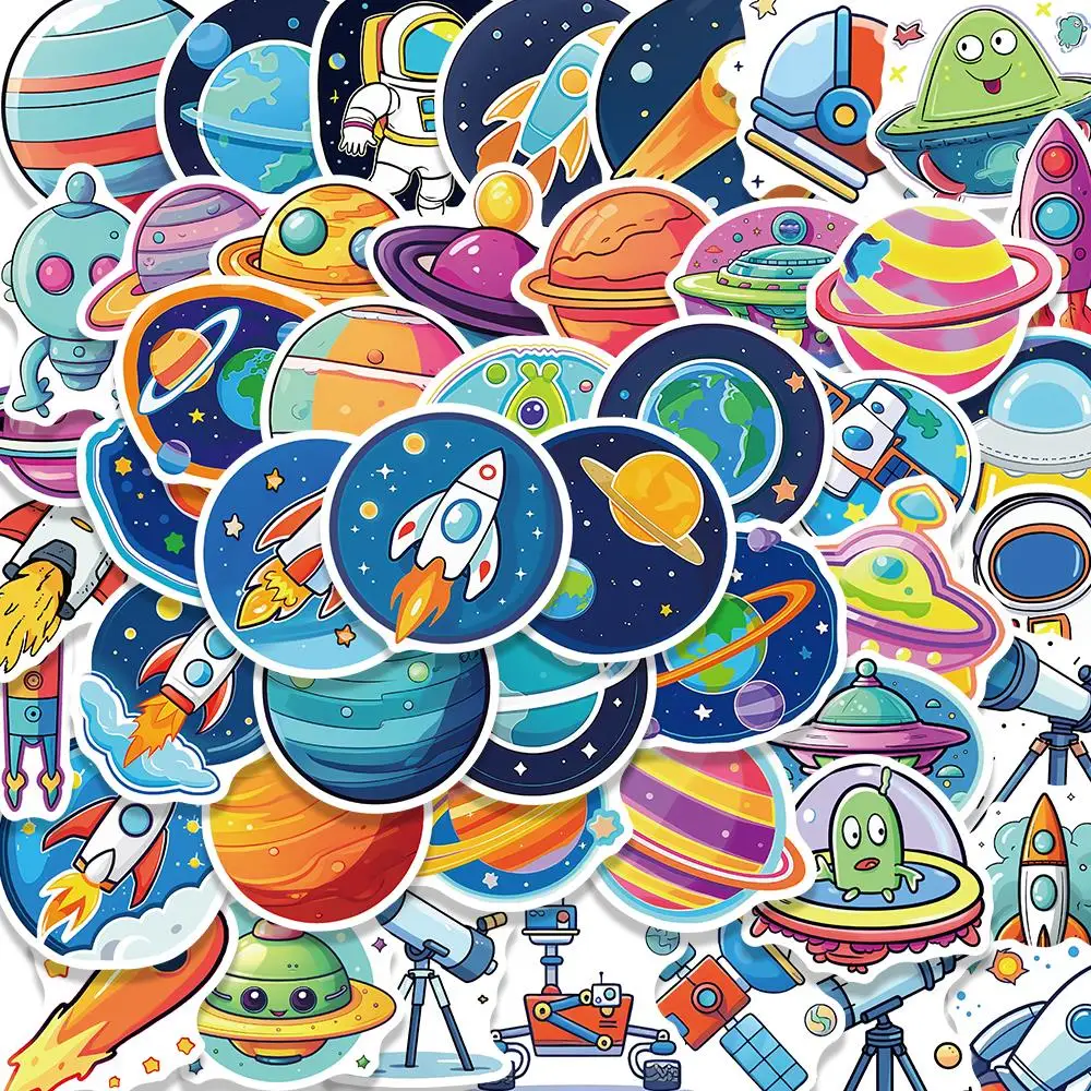 50PCS Cute Hand Drawn Space Stickers Retro DIY Laptop Scrapbook Car Water Bottle Waterproof Graffiti Sticker Toy Wholesale