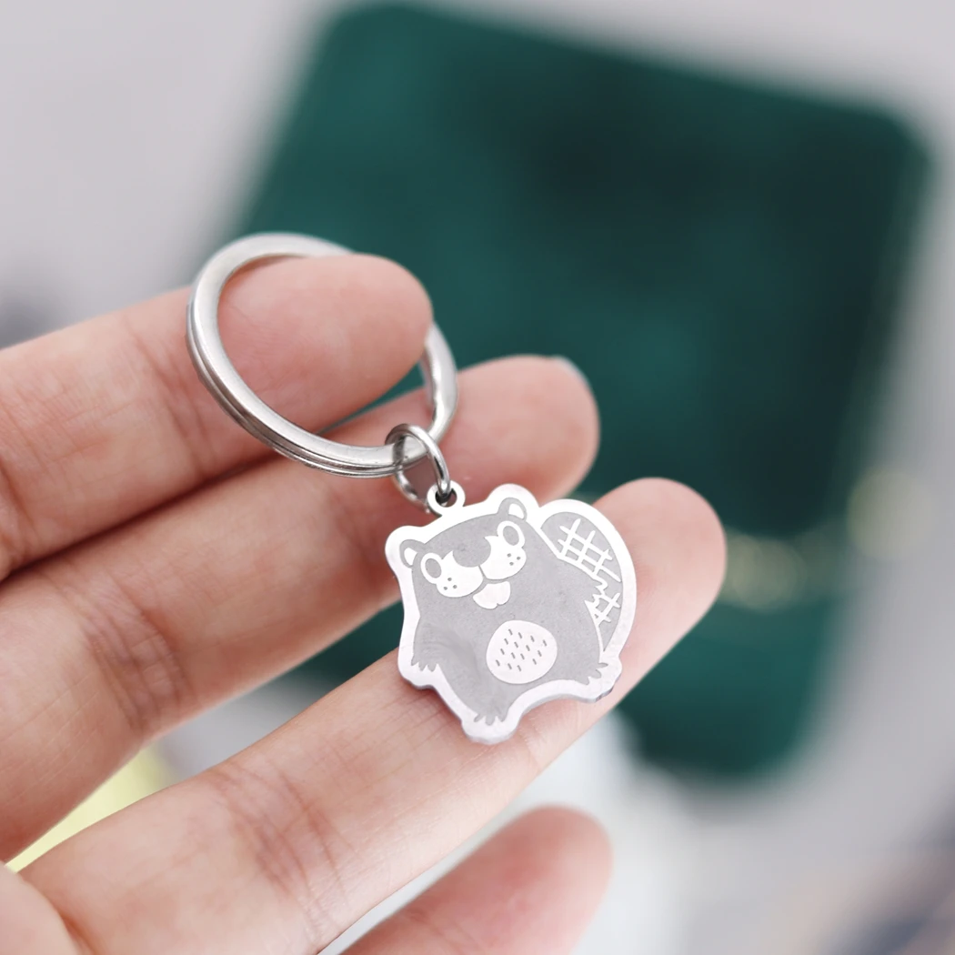 Stainless Steel Custom Name Keychains Women Kawaii Cute Beaver Buddy Key Ring Trendy Jewelry Engraved Keyring Men Gift