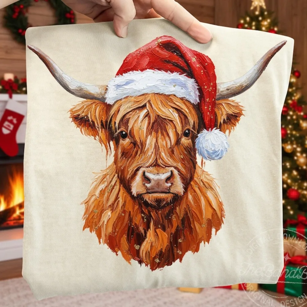 Sweat à capuche pour femme, peint à la main, vache des Highlands, père noël, mignon, vache des Highlands, confortable, hiver, moelleux, vacances de noël, vache des Highlands