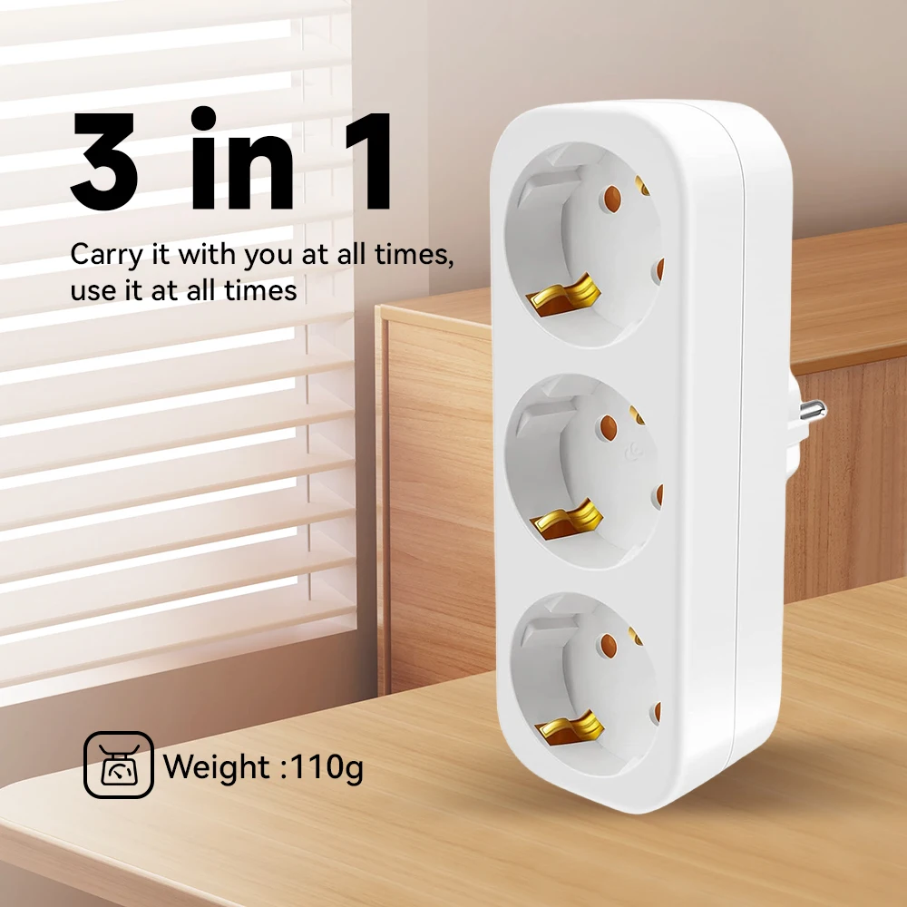 Adaptador de Tomada Múltipla Dobrável Sem Fio: Plugue de Parede Duplo Schuko, 3680W de Potência Máxima para Conexão Direta 250V/16A
