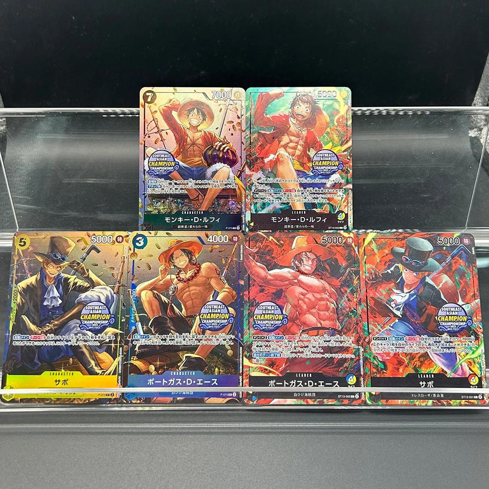 

6Pcs/set Anime OPCG Collection Card 2023 Southeast Asian Champion Championship Card ST13-003 Luffy Sabo Ace Refractive Flash Toy