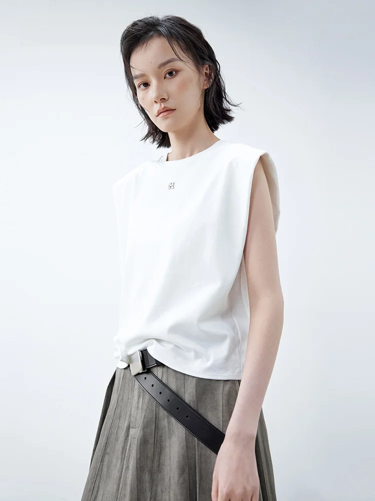 XMOOM Summer New Wide Shoulder Cross Backless Short round Neck T-Shirt Women's Loose Fit Pure Cotton Casual Style Top