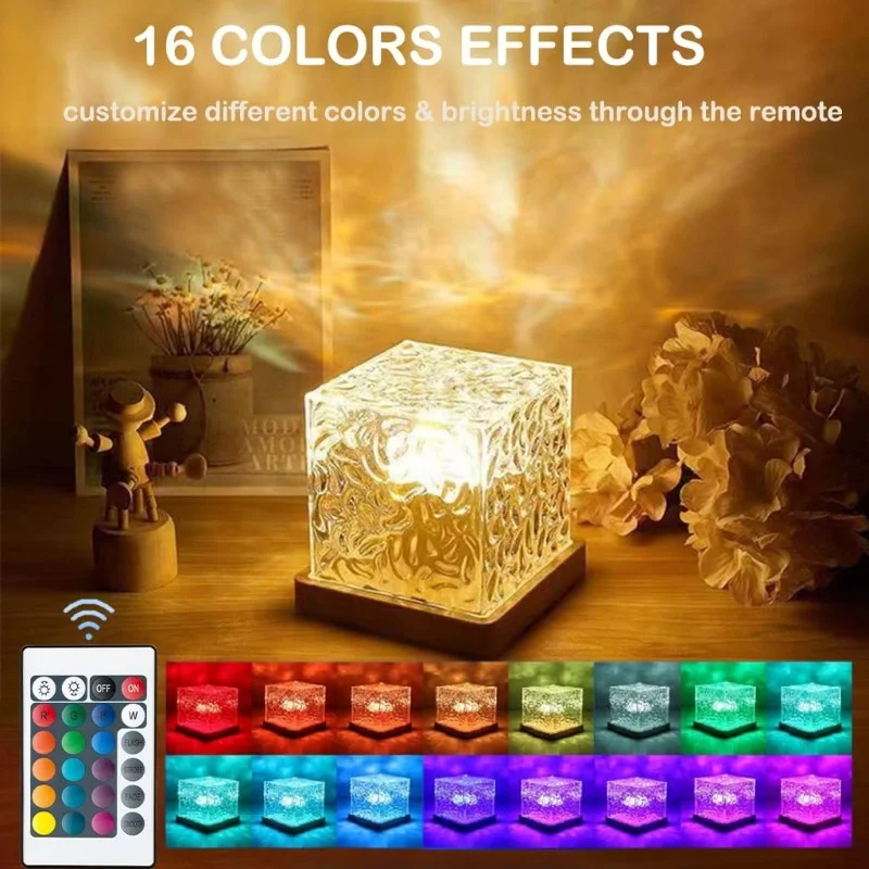 Dynamic Rotating Water Ripple Projector Night Light 3/16 Colors Flame Crystal Lamp For Living Room Study Bedroom  JJ1983JH