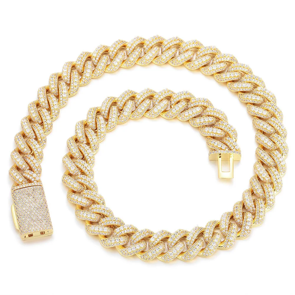 

15mm 925silver Gold Plated Zircon 3-Row Miami Cuban Fashion Cucan Chain Necklace