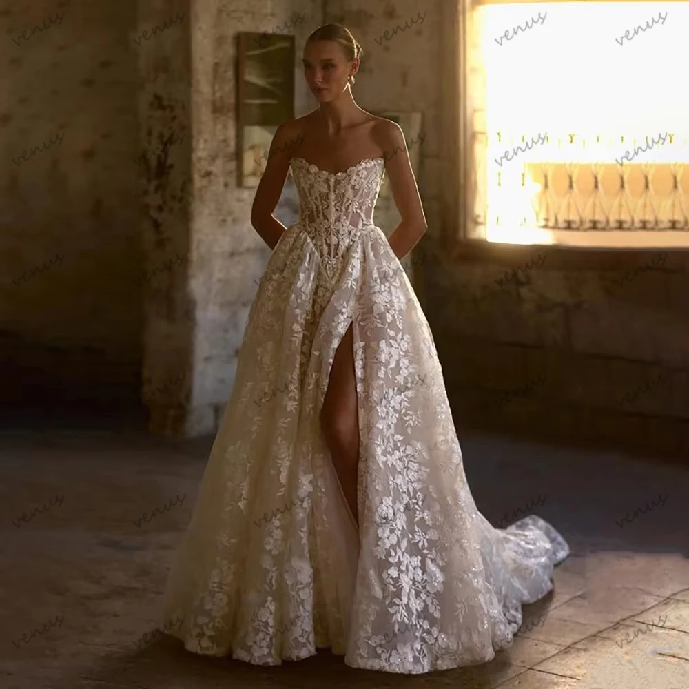 

Gorgeous Wedding Dresses Exquisite Bridal Gowns Lace Tiered Robes Sexy Strapless High Slit Customized Vestidos De Novia 2026