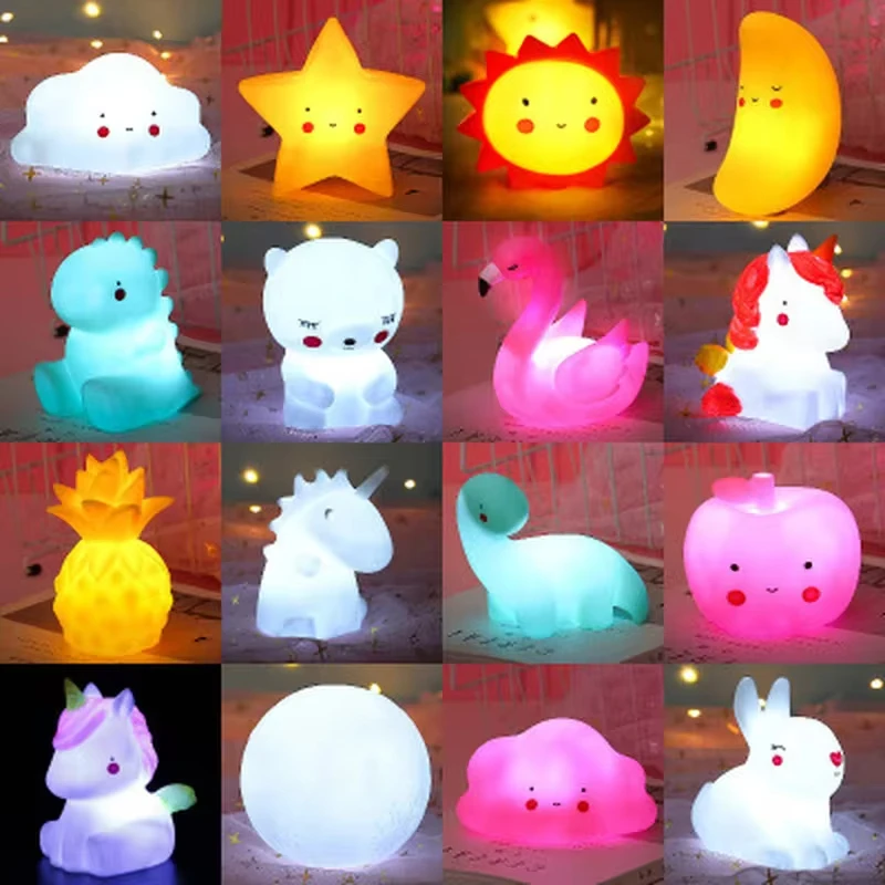 LED Cartoon animal cabeceira lâmpada para crianças, bonito LED Night Light, urso, unicórnio, dinossauro, coelho, amarelo, azul, rosa, luz branca para quarto