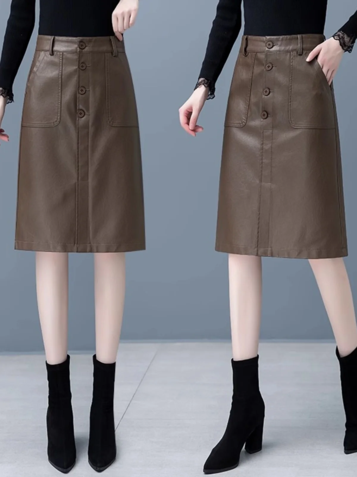 

High Waist PU Leather Skirt Women's Spring Autumn 2025 New Slimming Mid-Length Slit Over-Knee Wrap around Skirt A-Line Skirt