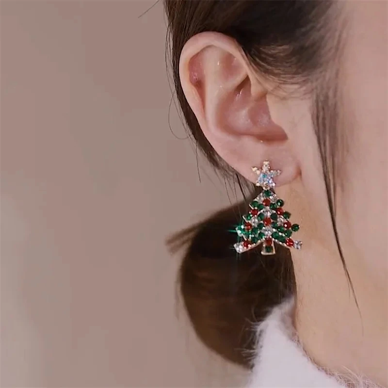 Colourful Zircon Christmas Tree Earrings for Women Sparkling Crystal Snowflake Elk Earring Girls New Year Holiday Jewelry Gifts