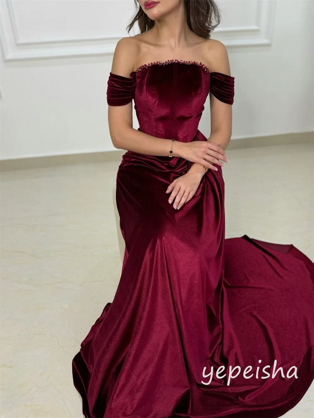Customized Burgundy Velour Pleat Ruched Draped Rhinestone A-line Off-the-shoulder Long Dresses Evening Dresses Sizes Available