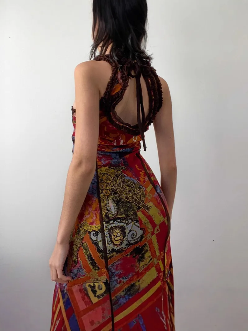 Women's Vintage Oil Painting Print Bodycon Dress Sexy Backless Cut-out Maxi Skirt Slim Fit Slip Dress
