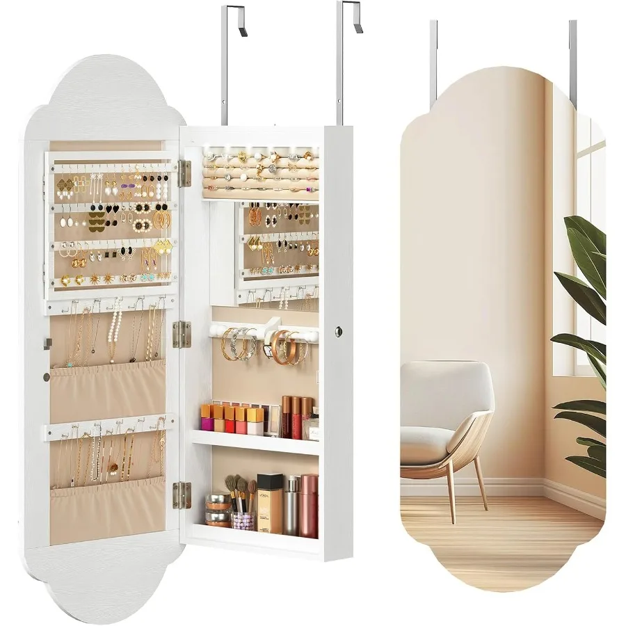

Wide Jewelry Cabinet LED Jewelry Organizer Wall/Door Mounted Hanging Jewelry Cabinet Mirror with Storage Lockable Interior Mirr