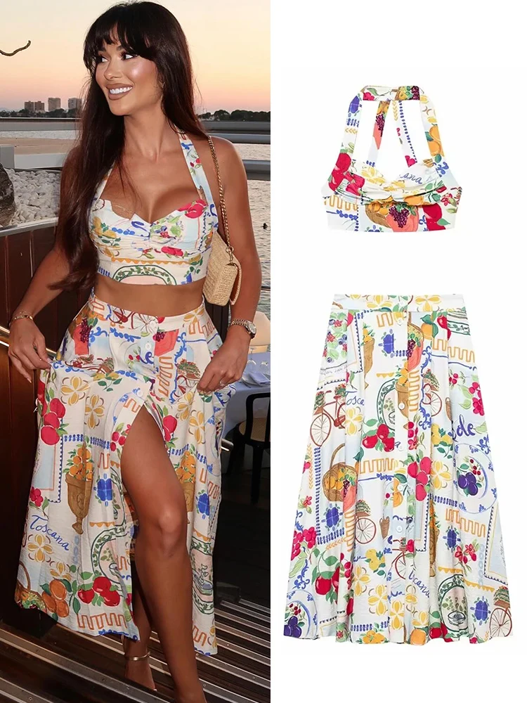 TRAFZA Female New Fashion 2 Piece Set Sexy Backless Sleeveless Sling Print Top+Chic Elegant High Waist Button Pocket Long Skirt