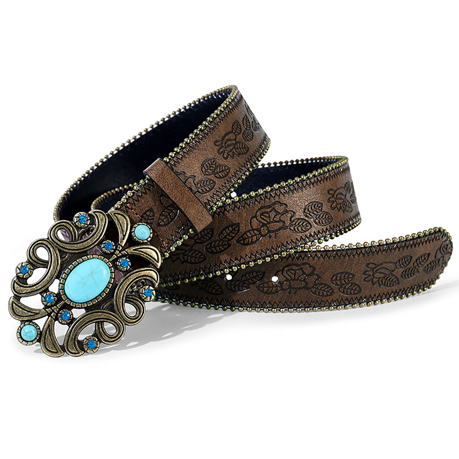 Bohemian Turquoise Carved Belt Women Vintage Metal Buckle Embossed Leather Belt Vacation Outfit Accessory