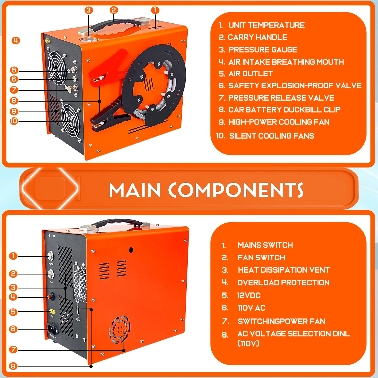 NUOGE 12V/110V/220V Compressor de ar PCP 4500Psi 300bar AUTO-STOP fonte de alimentação embutida Filtro grande de alta pressão sem óleo/água