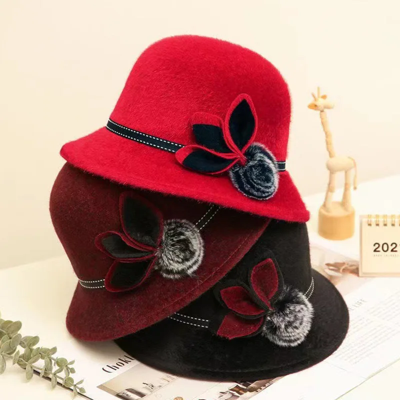 Mother Party Hat Elegant Mom Dome Cap Bow Bowler Wool Ladies Hat Autumn Winter Fedoras Cap Pure Color Hairball Vintage Jazz Cap