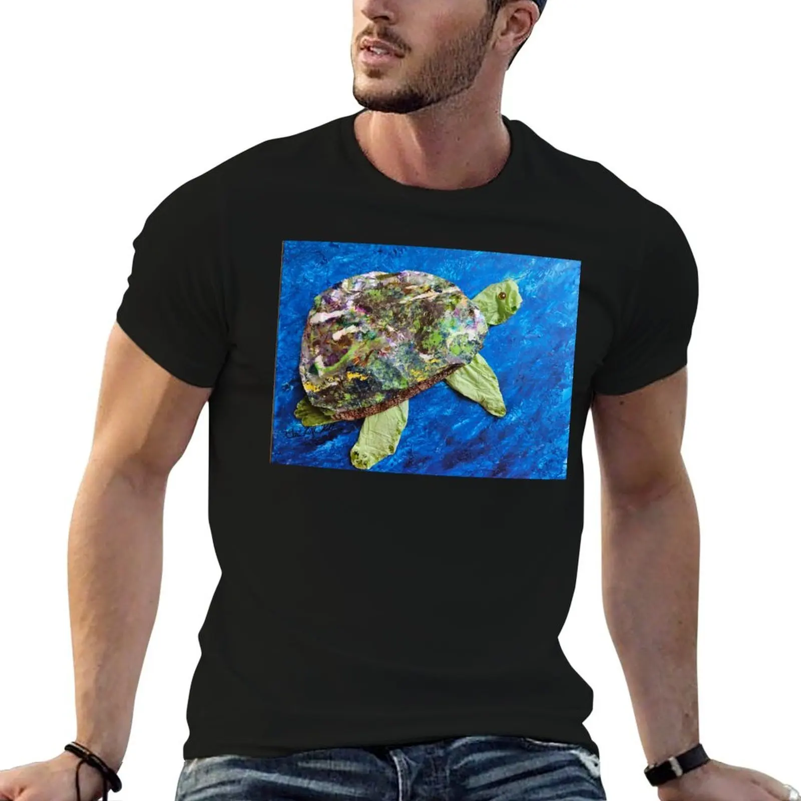 Gordon the Endangered Sea Turtle (Mixed-Media) T-Shirt Casual All Match Tee Shirt for Men