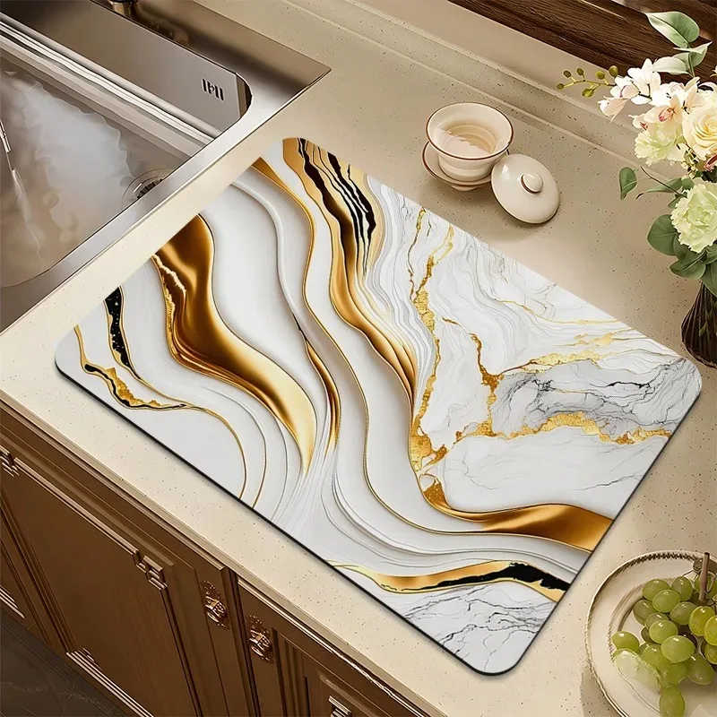 Vikamara Luxury Marble Kitchen Dish Drain Pad - Anti-slip Coffee Machine Drain Pad - Quick-drying Anti-slip Home Decorative Pad