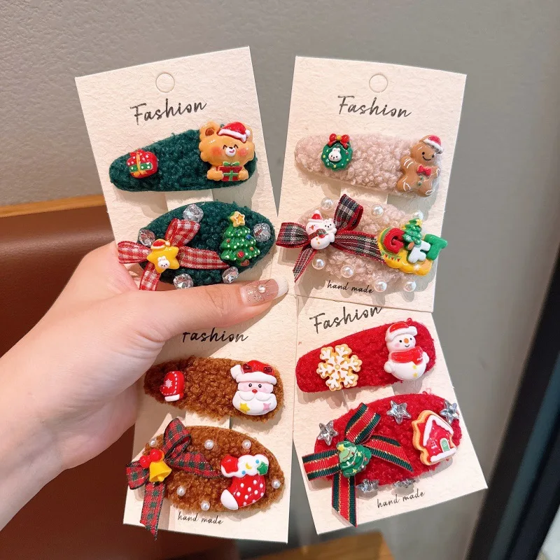 Hair Clip Christmas Cute Plush Gingerbread Tree BB Clip Girls Baby Bangs Party Red Green Fabric Metal Lightweight Non Slip Daily