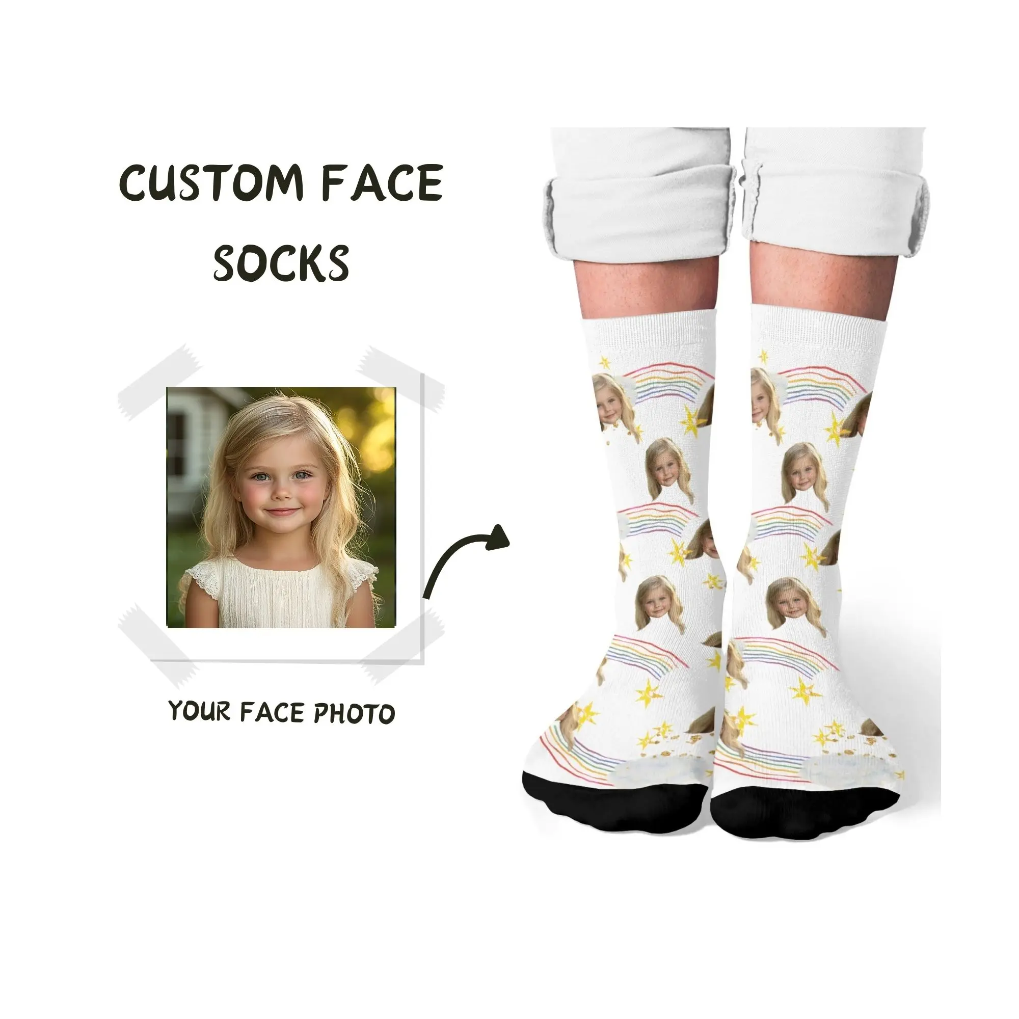 

Adorable Childhood Memory Custom Compression Socks Kid Face with Rainbow & Stars Print Unique Personalized Present for Kids