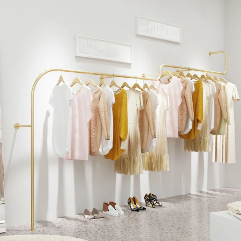 custom，Custom Gold Metal Retail Clothing Display Racks Wall Mounted Hanging Rails for Garment Boutique