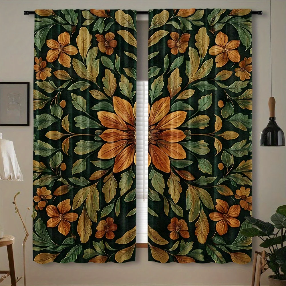 Retro Symmetric Floral Curtain 2 Panels,Golden Blossom Green Foliage Allover Black Tone Print,Curtains for Study Vintage Curtain