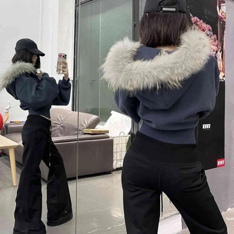 Deeptown Vintage Fur Collar Zipper Hoodies Women Harajuku Fashion Crop Hooded Sweatshirt Korean Style Casual High Street Hoodies