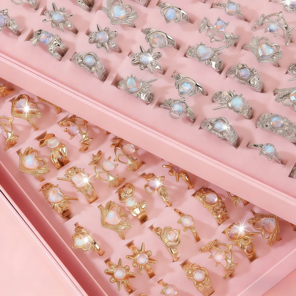 6/8/10/12/24/36Pieces Fashion Heart Love Moonstone Rings Set For Women Mix Style Simple Irregular Daily Party Gift Jewelry