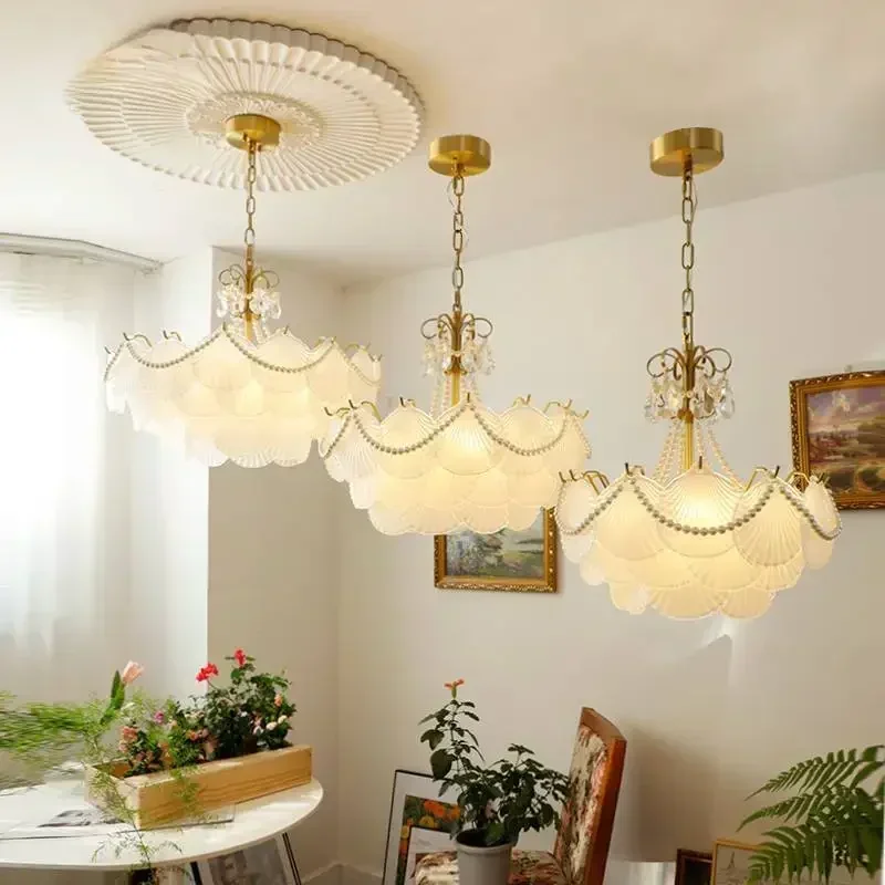 Lámpara de araña colgante de cristal de concha francesa, accesorio de luces Led moderno, lámparas de cobre para decoración del hogar, sala de estar, comedor y dormitorio