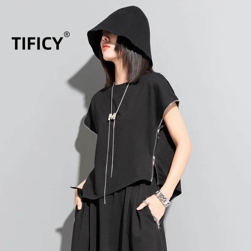 

TIFICY Dark Sleeveless Zipper Cuffs T-shirt Casual Simple Versatile Top Loose Women's Streetwear Casual Tshirts Tops