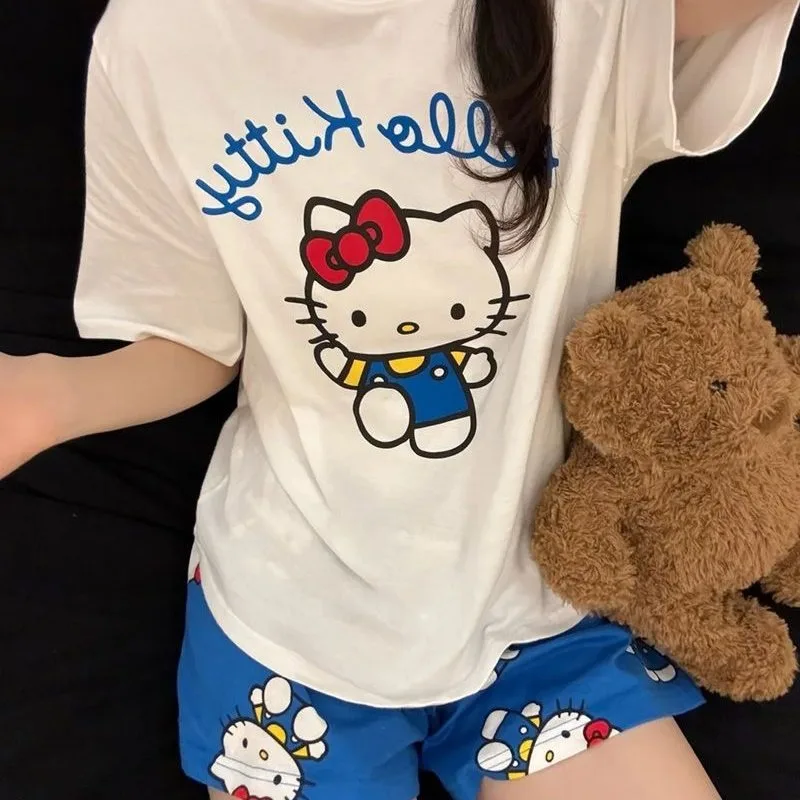 Hello Kitty Pajamas Kawaii Anime Cartoon Printing Sanrio Summer Short Sleeve Shorts Joker Home Clothing Suit Girls' Holiday Gift - view 3