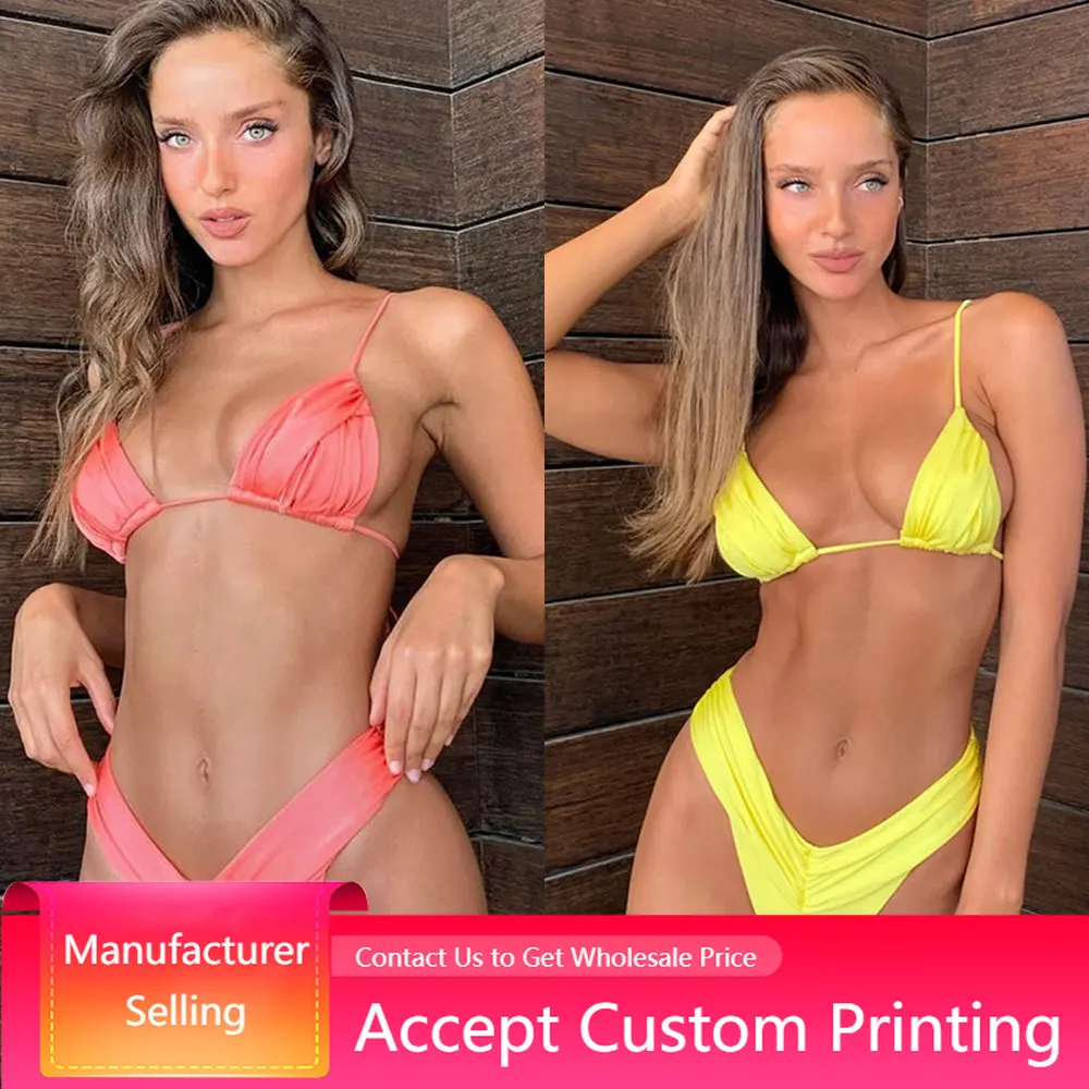 

New Triangle Swimwear Beach Wear Bathing Suit Sexy Micro Bikinis 2022 Women Halter Brazilian Bikini Set Female Pleated Swimsuit