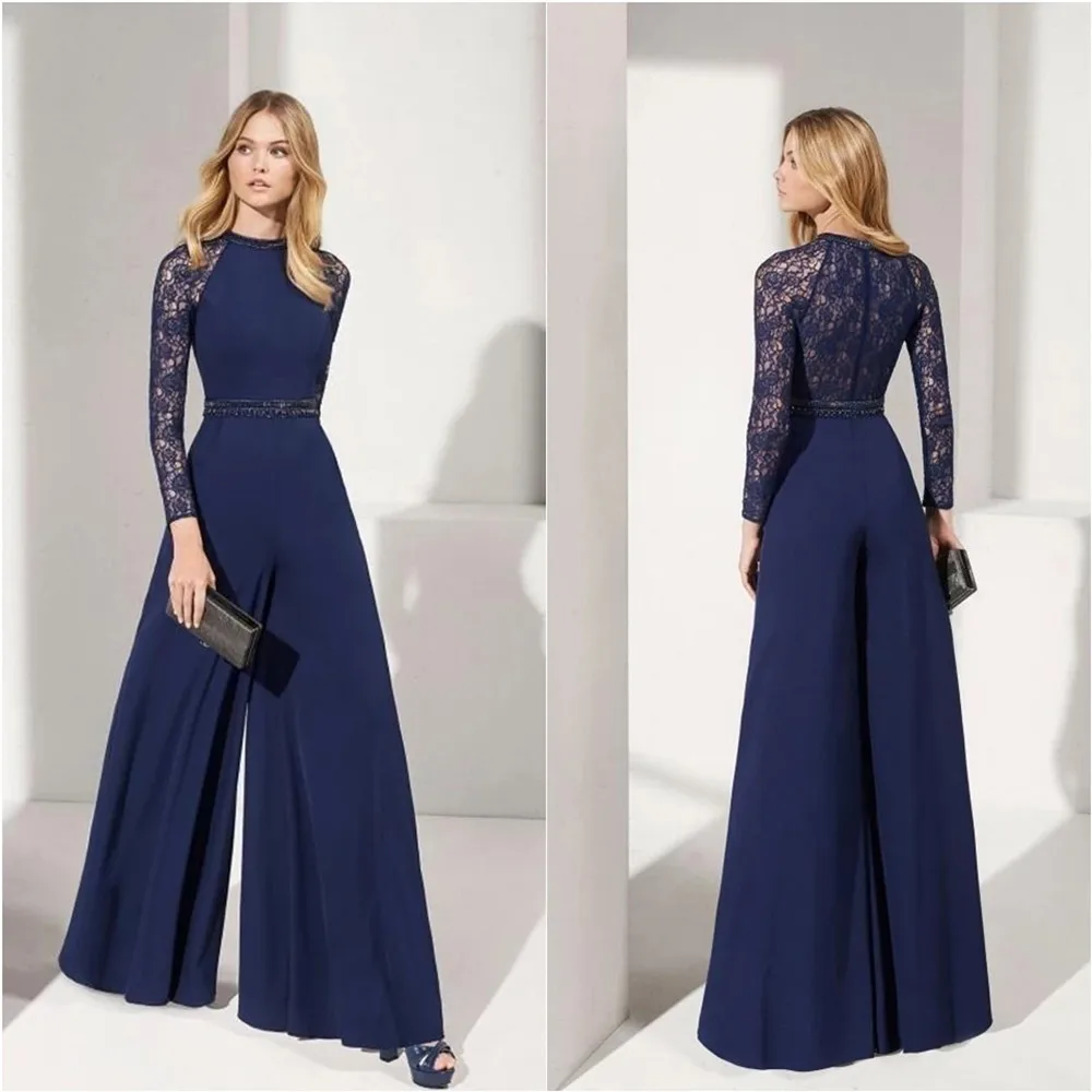 

Navy Jumpsuits Mother Of The Bride Dresses Jewel Neck Lace Appliqued Long Sleeve Wedding Guest Dress A Line Evening Gowns