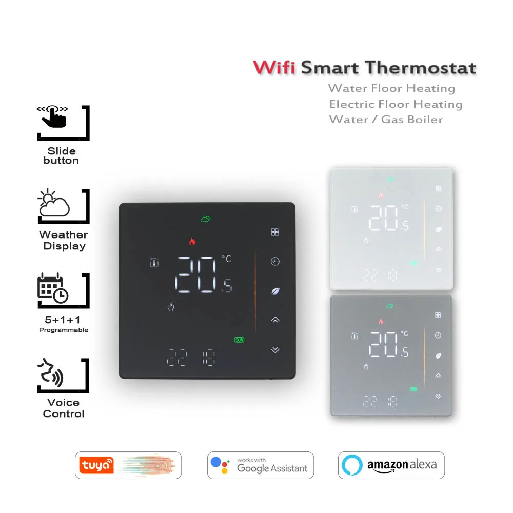 Wi-Fiサーモスタット温度コントローラー,24vac 95-240ac,alexaと連携するタッチスクリーン付き,Google Home
