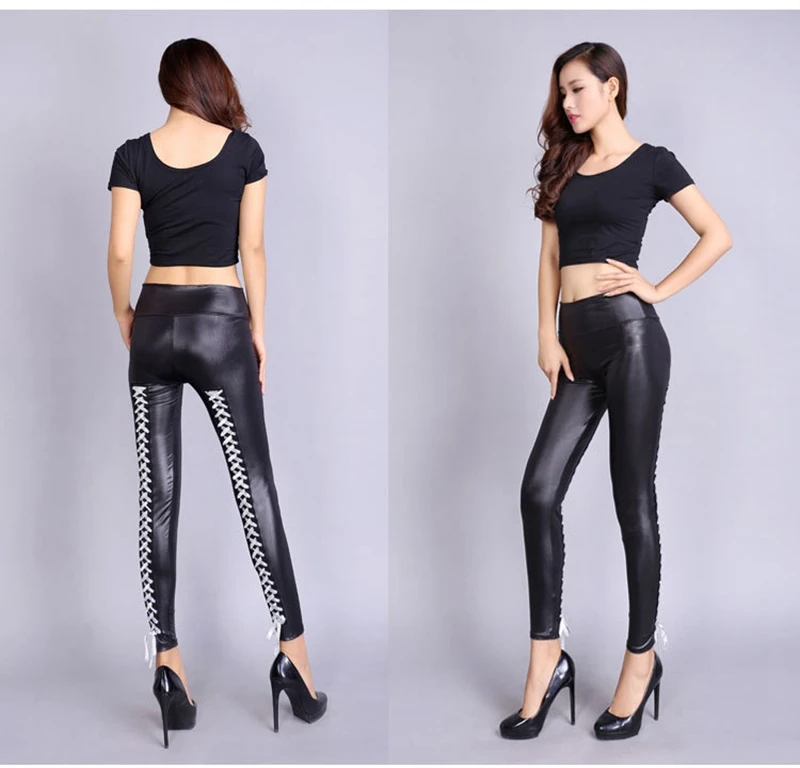 Women Sexy Lace Bandages Leather Pants Black PVC Leggings Goth Fetish pu Faux Leather skinny Pants Punk Rock Wet Look Club Wear