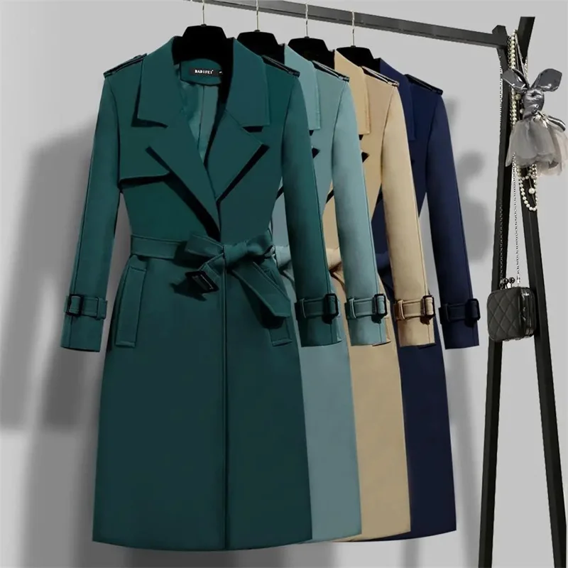 

2024 New Elegant Belt Long Trench Coat Women Spring One Button Lined Slim Office Lady Turndown Collar Fall Overcoat