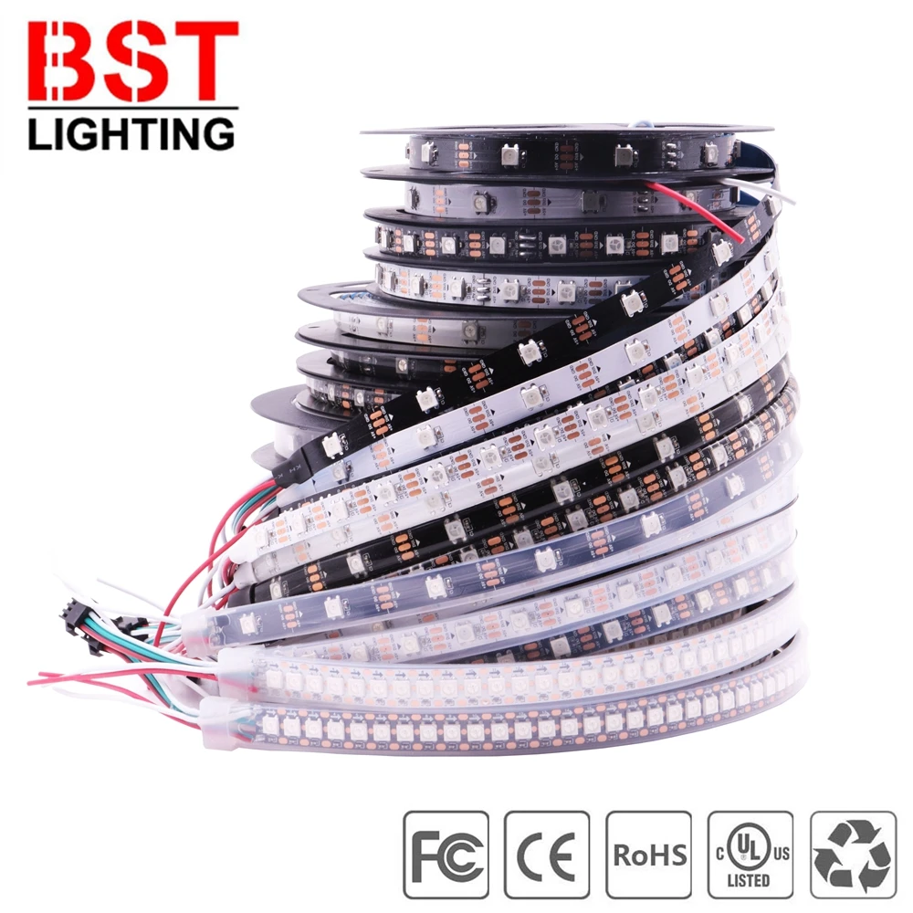 Tira de luces LED direccionable, cinta de luz inteligente, 5050 RGB, DC5V, WS2812B, WS2812, 30/60/144 pixeles/M, PCB Blanco/Negro, IP30/65/67