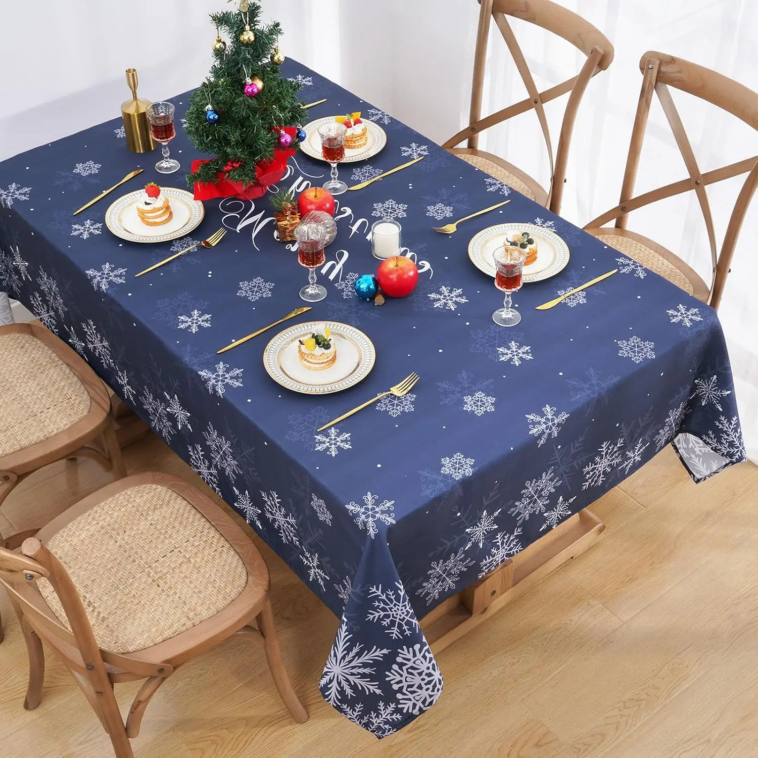 Christmas Snowflake Blue Tablecloth for Table Decor Reusable Winter Xmas Kitchen Dining Tablecloth Christmas Decorations