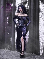 Mikumn Gothic Halloween Velvet Slim Split Ruffles Fishtail Dress Fairy Grunge Women Lace Flare Sleeve abiti da festa Sexy