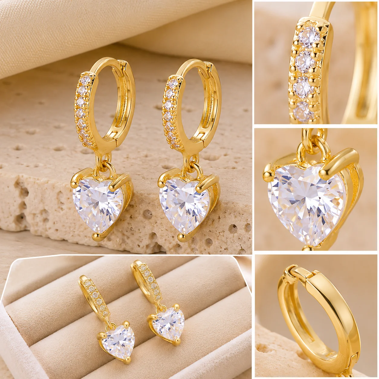 Gold Color Copper Heart Cubic Zirconia Hoop Earrings for Women CZ Drop Huggie Jewelry Romantic Daily Party Wedding Accessories