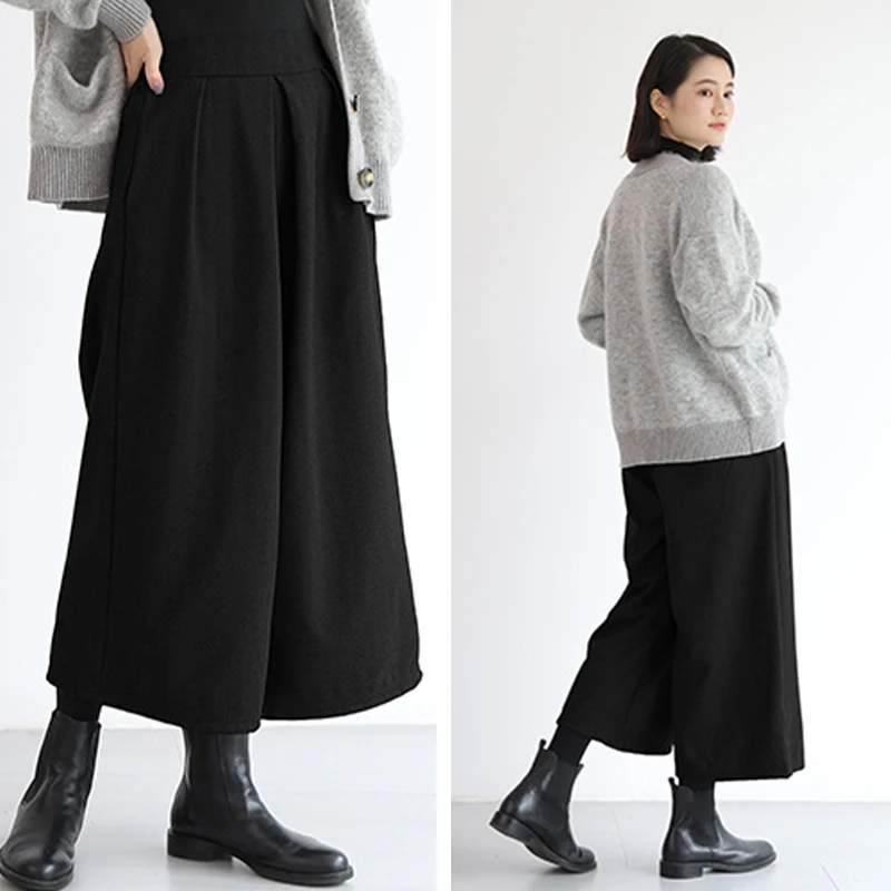 Woolen Loose Wide Leg Pants Skirts A-line Profile Pleated Trousers Winter Autumn Small Cropped Pant Fashion Office Lady Culottes