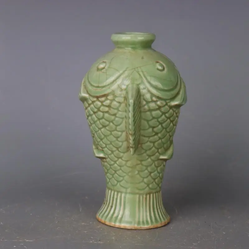 Chinese handmade Longquan celadon light-cracked green glaze fish-shaped porcelain vase Jingdezhen antique ceramic craft vase