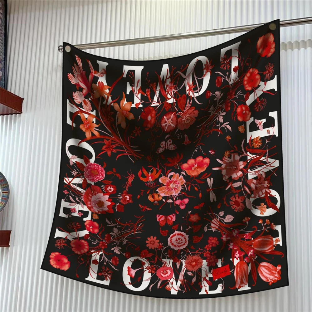 

90cm Korean Style New Edition Lilies Heart Flowers Hangzhou High Quality Diagonal Silk Shawl Sunscreen Large Square Scarf