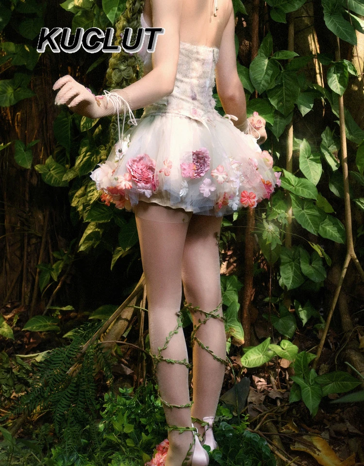 موري محاكاة زهرة ثلاثية الأبعاد منتفخ تنورة لوليتا الفتيات عالية الخصر سليم شبكة تنورة كولوتيس صيف جديد حفلة تأثيري التنانير الصغيرة #6