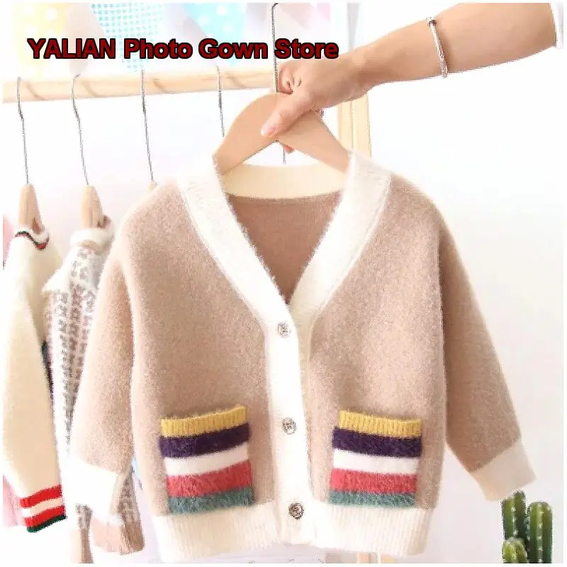 Boys Girls Knit Cardigan Kids Autumn Spring Mink-Like Knit Jacket Colorful Striped