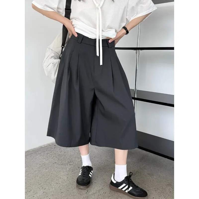 

High Waist Gray Brief Pleated Wide Leg Calf-Length Pants New Trousers Women Fashion Spring Autumn 2025