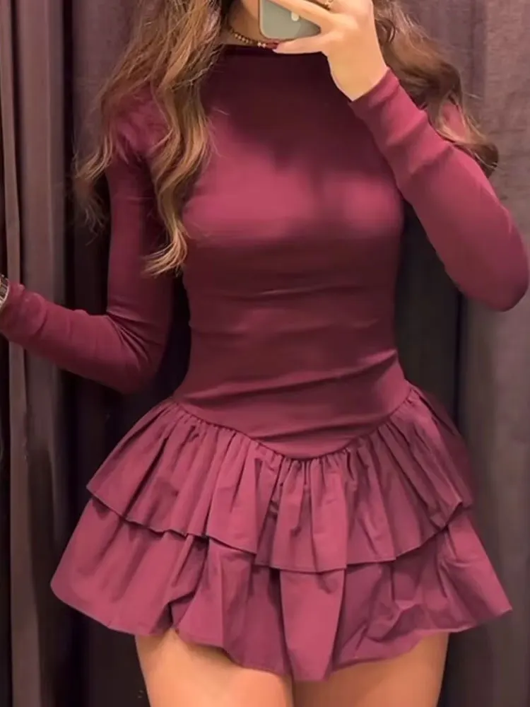 HH 2025 feminino elegante magro mini vestidos mangas compridas sólido barco pescoço com babados camadas primavera moda festa chique vestido