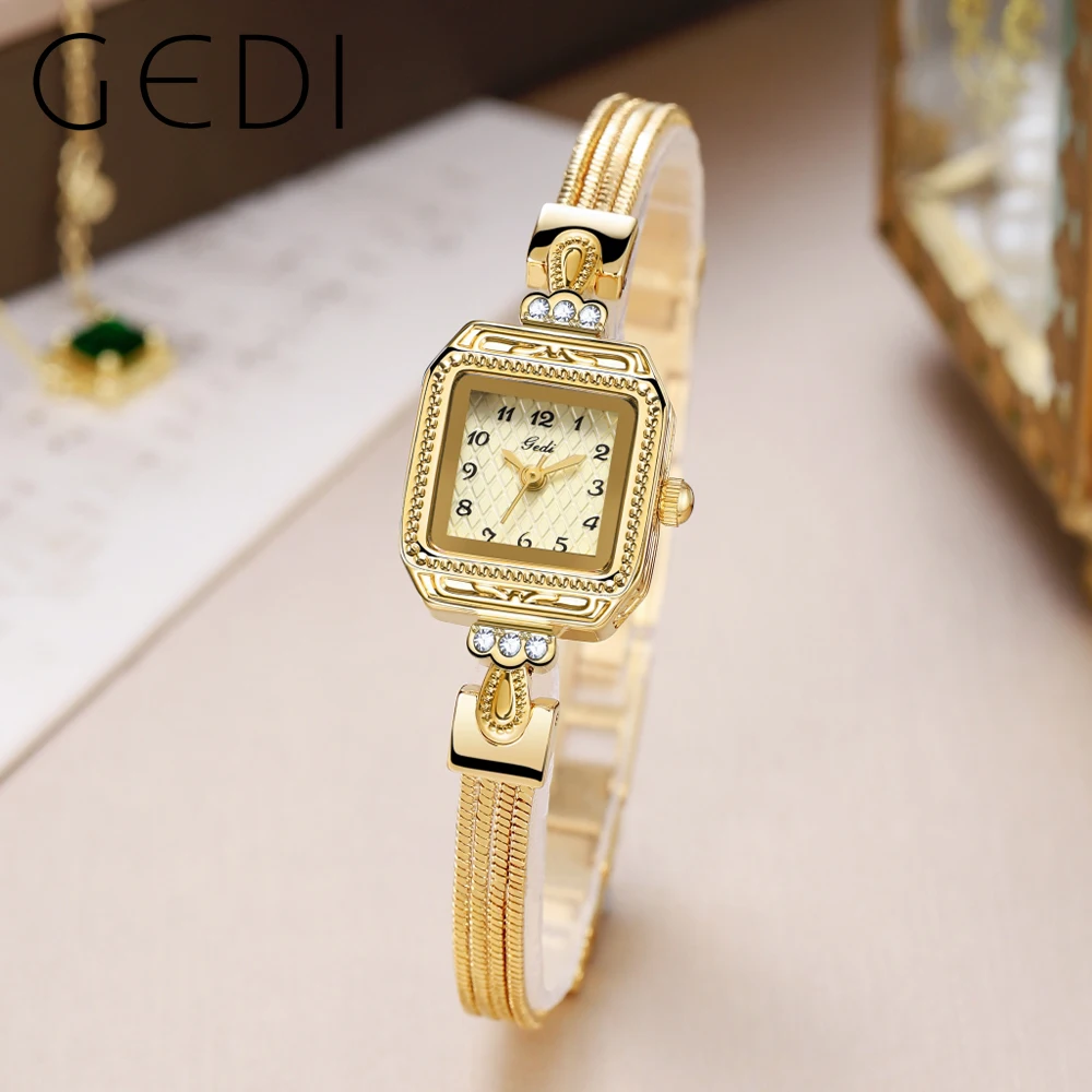 

GEDI Luxury Women's Ultra-thin Golden Square Quartz Bangle Watch Alloy Rope Strap Water Resistance Fashion Ladies Jewelry Watch