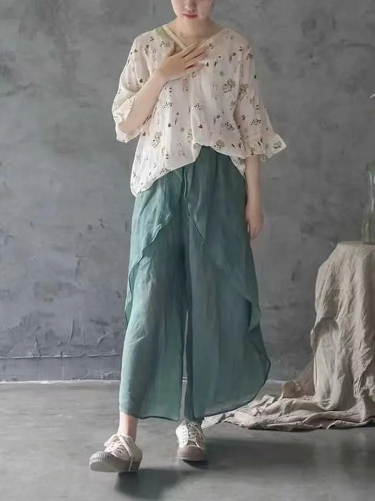 Nuovo cinese Sle donna estate lino stampa irt vintage costume da tè allentato Top cinque quarti Sve V-Ne traspirante